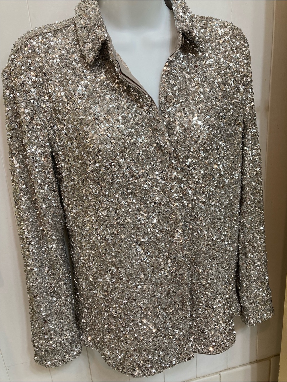 NWT silver sequined button-up blouse, XS